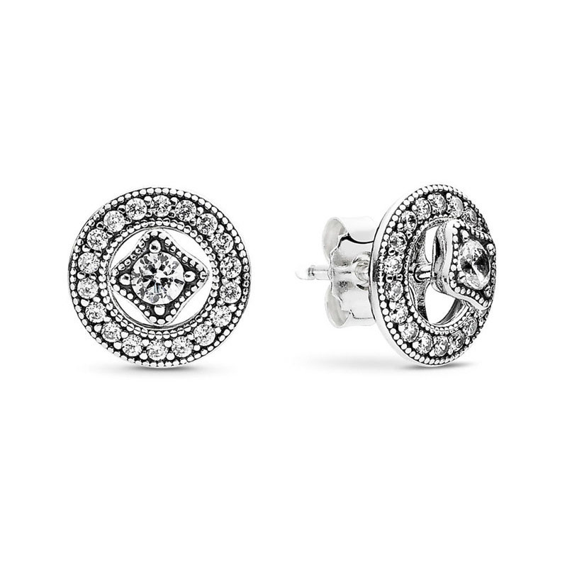 

Vintage Circle Stud Earrings Real Sterling Silver for Pandora CZ Diamond Wedding designer Jewelry For Women Girlfriend Gift Rose Gold Earring Set with Original Box