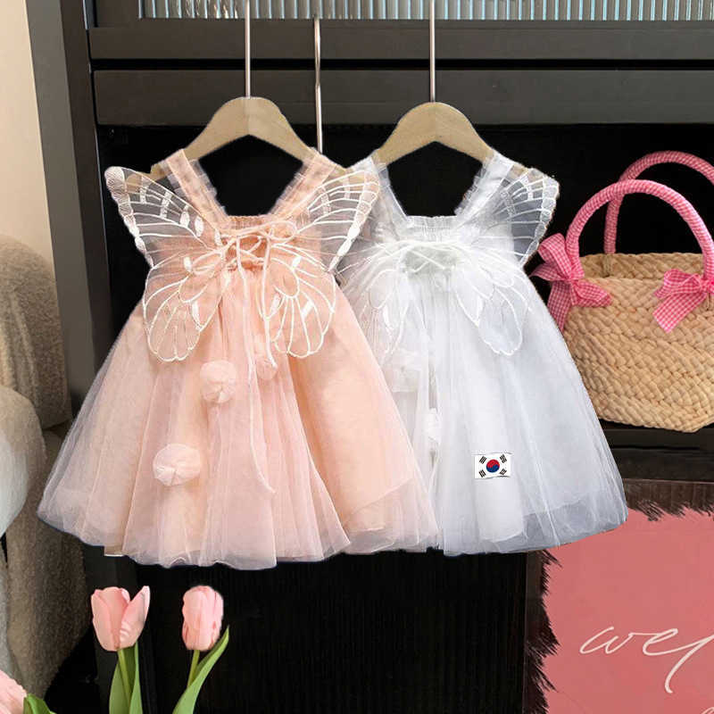 

Girl's Dresses 2022 Summer Girls Sling Dresses Mesh Children's Princess Dress Fairy Birthday Party Vestidos Baby Butterfly Wings Puffy Dress G230222, White