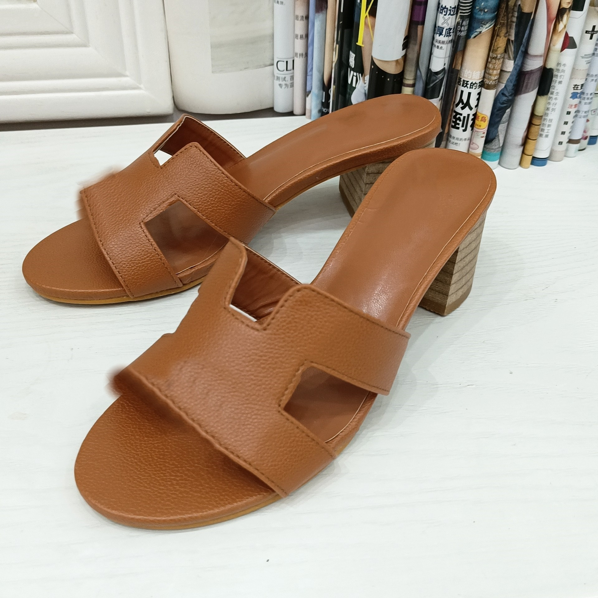 

Designer Women Sandals H High Heel Classic Flat Slippers Fashion Leather Slides Summer Beach Chunky Sandals, Real pcs pls contact