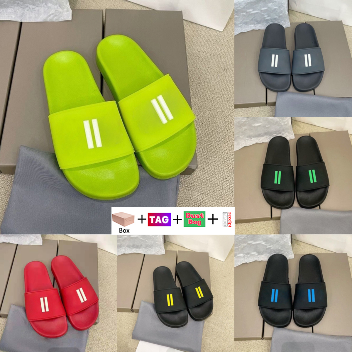 

With Box Luxury Womens Slippers Summer Mens Beach Slipper Classic Flat Heel Fashion Designer sandals Women Shoes Men Sandals, #07 fluo white