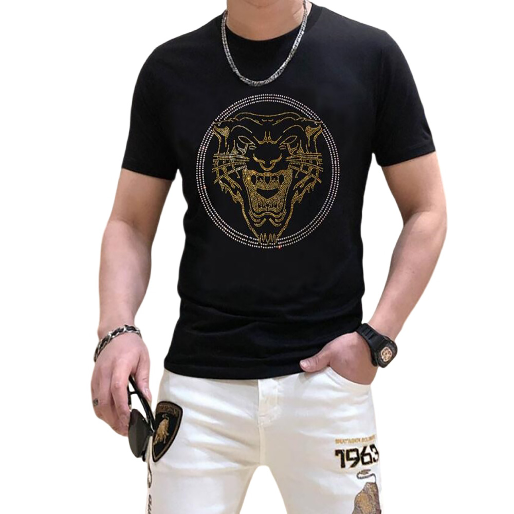 

BORUNKE Streetwear T shirt Men Rhinestones Casual Pullover Hip Hop Short Sleeve Sportswear Tops T-shirt, As shown