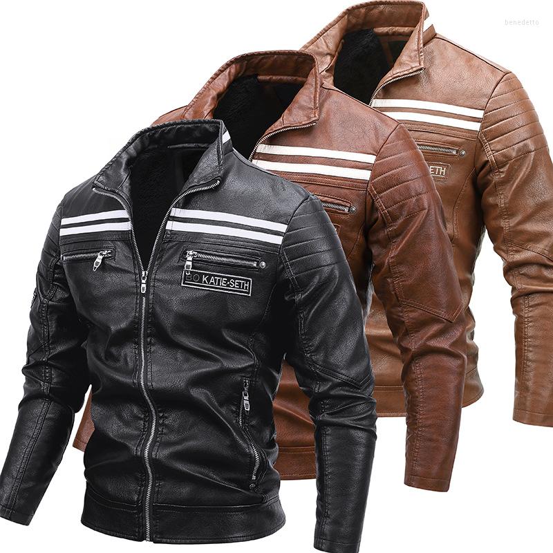 

Men's Jackets 2023 Autumn And Winter European American Men's PU Leather Jacket Warm Plush Motorcycle Clothes Coat, Coral red