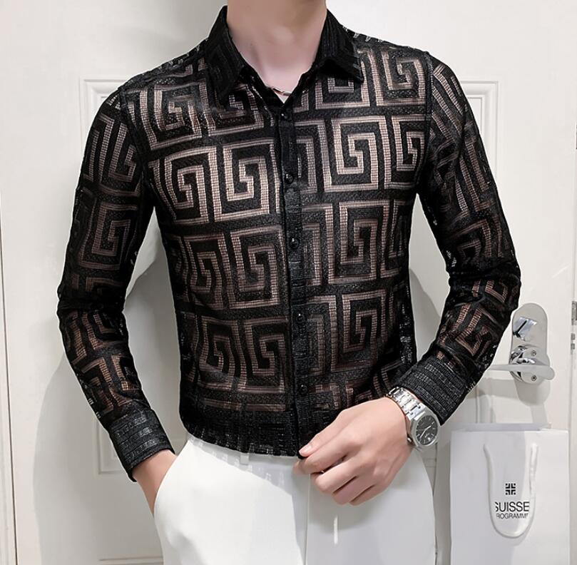 

New Sexy Transparent Lace Shirt Men Stretch hollow shirt Clothing Simple All Match Slim Fit Long Sleeve Club/Prom Tuxedo Chemise Homme, 06