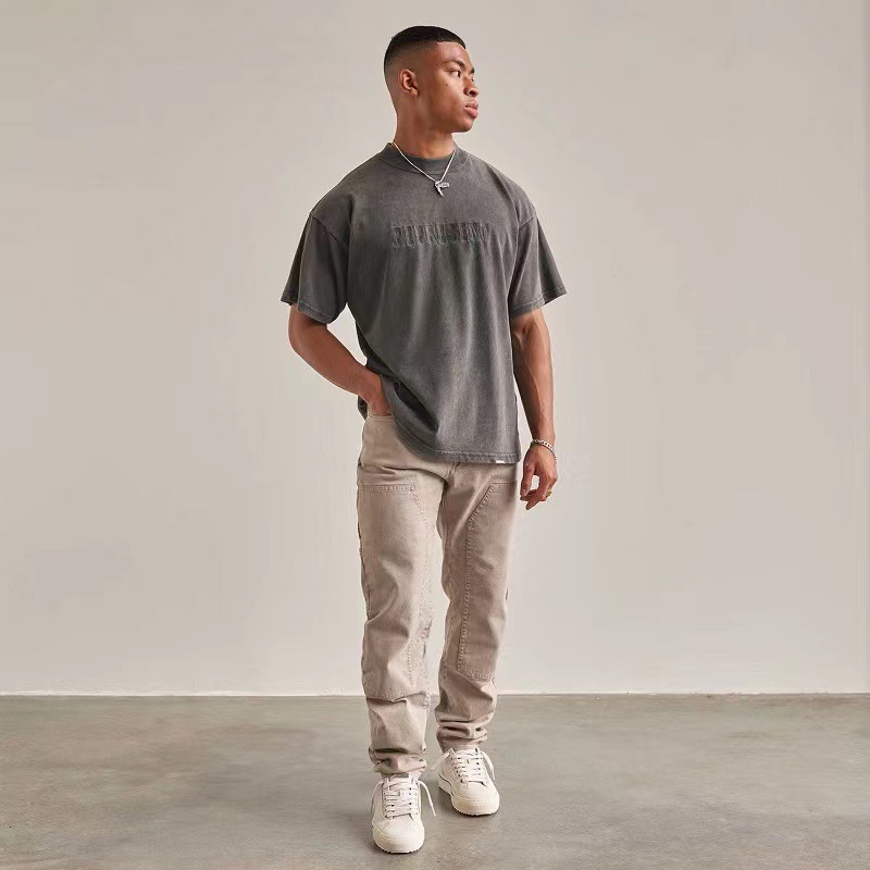 Men's T-Shirts Embroidered Alphabet Wash Do Old Vintage Tide Loose Hip Hop Solid Color Leggings Crewneck Short Sleeve T-shirt-image-844134856