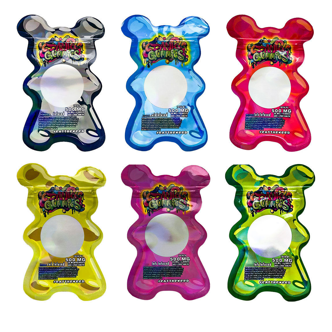 

5 types Dank Gummies Bear Mylar Bags for Food Storage Shape Empty Laser Smell Proof Bag Candy Bags MOQ 100pcs