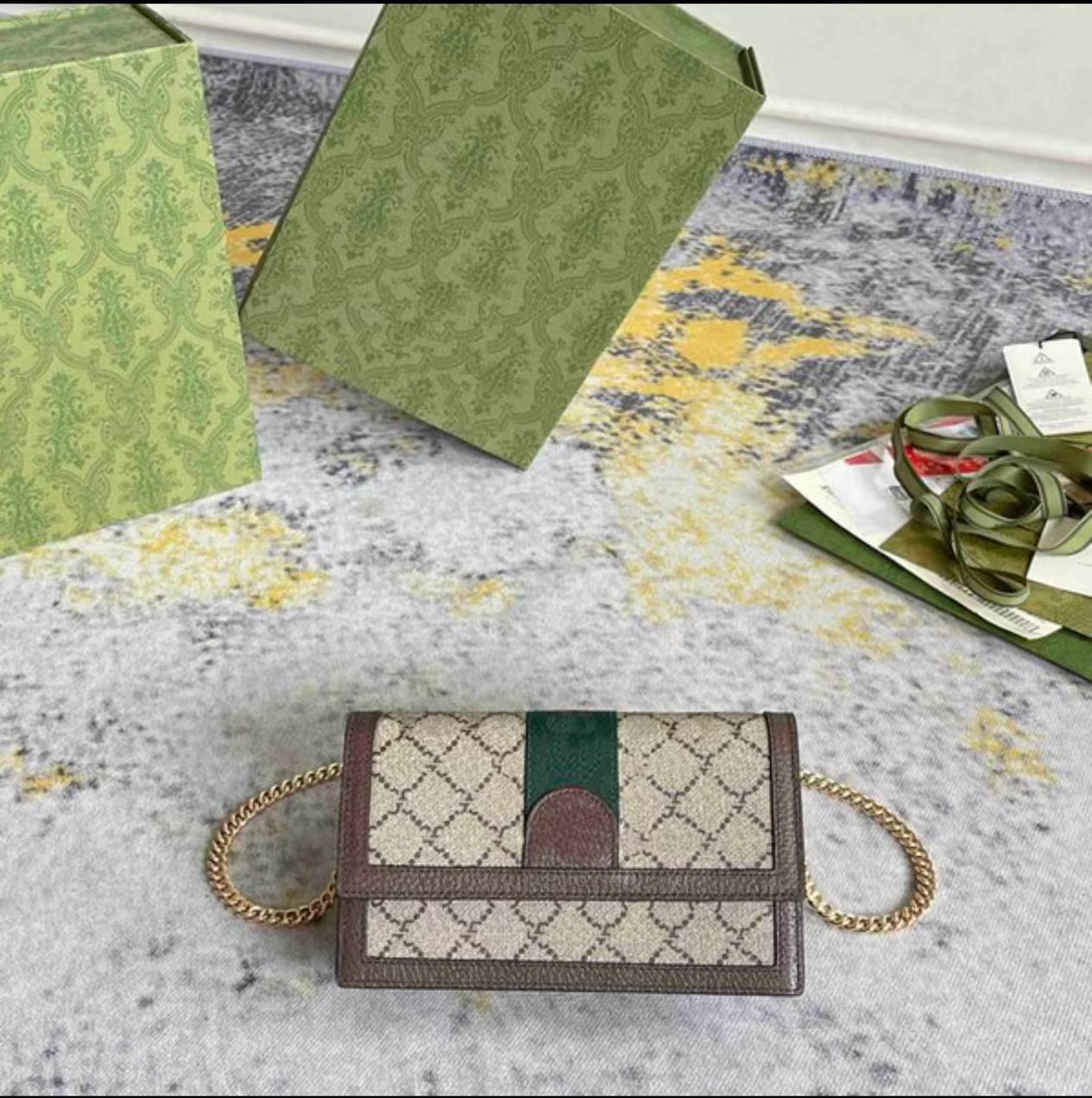 

Double G printed women's shoulder bag wallet card bag luxury leather designer handbag messenger bag fashion atmosphere chain bag, Khaki