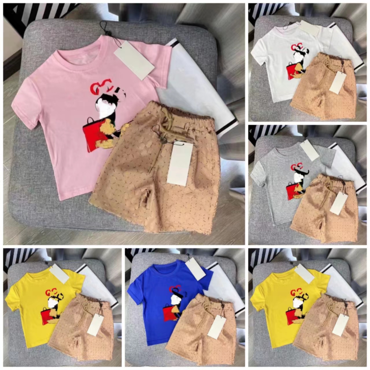

Double G Fashion Brand LOGO Print Sets Kids Clothes Girls Outfits Summer Boys Clothing Cotton Shorts Sleeve Tops Children Tracksuit, Yellow