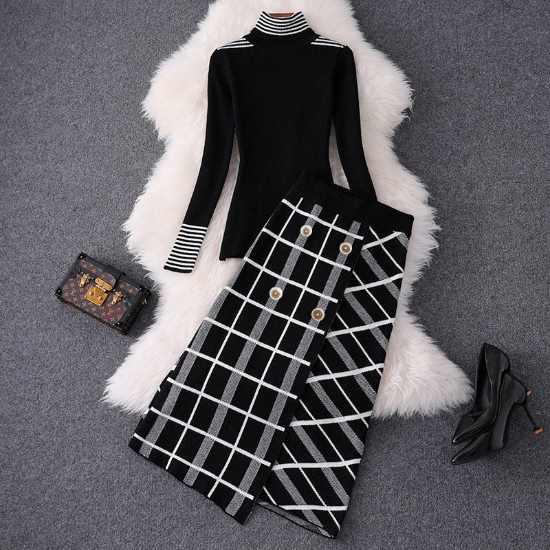 Two Piece Dress Elegant Women Autumn Winter Clothing Set Turtleneck Sweaters Tops And Cut Plaid Knitted Skirts Suit Office Ladies Sets NS294 230222