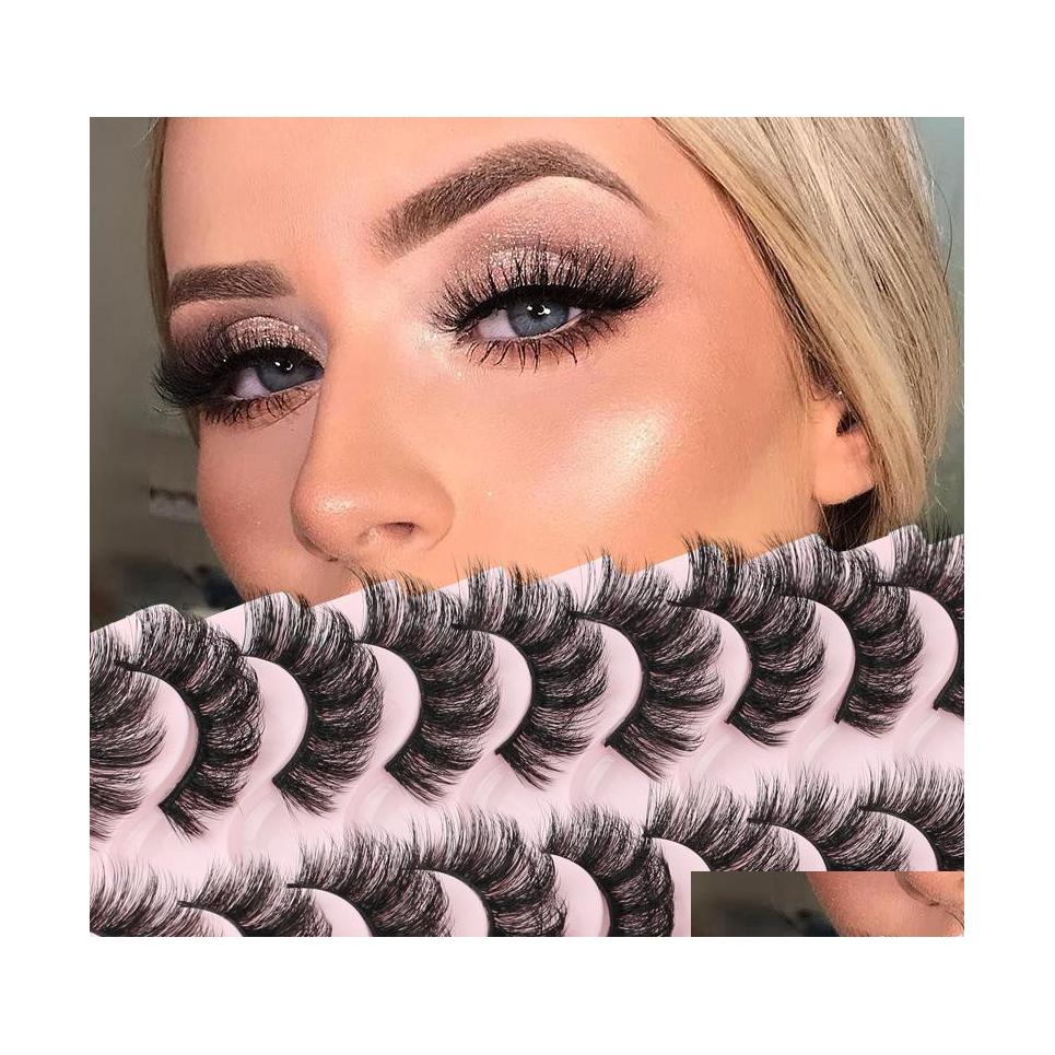 

False Eyelashes 10 Pairs Russian Strip Extensions Supply Fluffy Volume Eyelash 7D Dd Curl Dramatic Messy Faux Natural Thick Pink Box Dhmt4