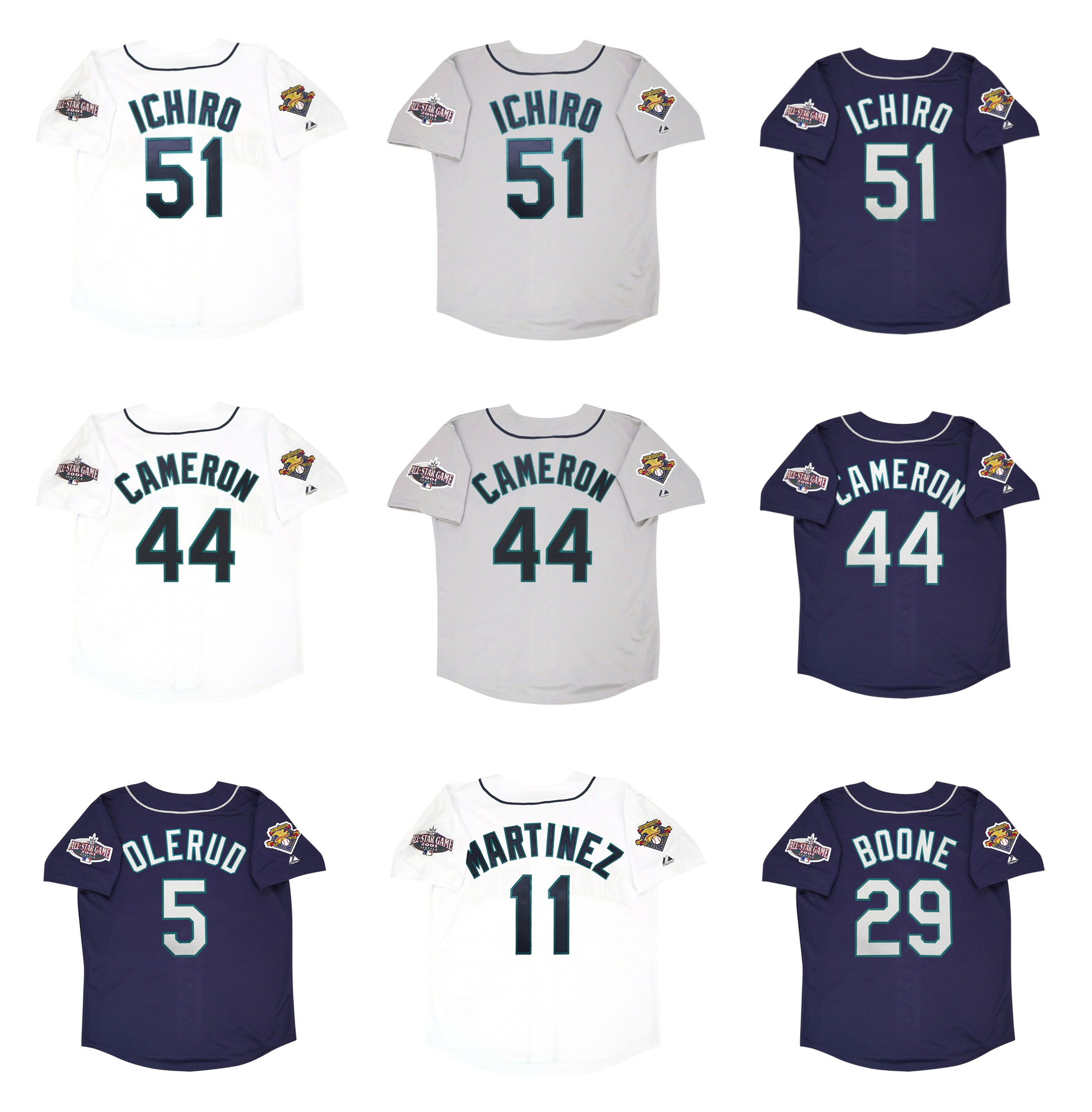 

Ichiro Suzuki 2001 All Star Seattle Throwback Mariners Baseball Jersey Mike 44 Cameron Edgar Martinez John Olerud Bret Boone White Blue Grey Size S-XXXXL