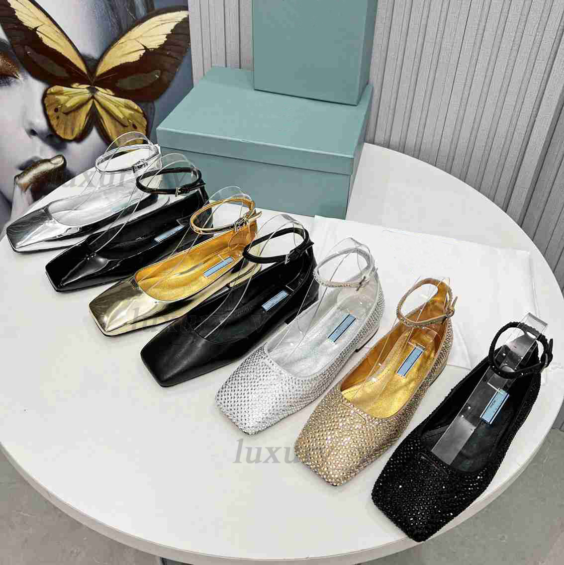 

Designer Sandals Women Ballet Flats Milano Metallic Leather Loafers Ankle Strap Square Toe Shoes Fashion Rhinestones Patent Leather Sandal with box, Color 3