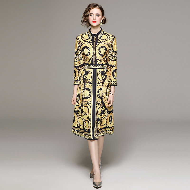 Luxury Baroque Print Slim A-Line Dresses Long Sleeve Women Designer Birthday Ballgown Robe 2023 Ladies Office Chic Lapel Classic Shirt Dresses Ho-image-846018710