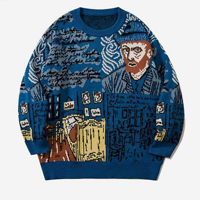 

Men's Sweaters High Street Knitted Sweater Men Van Gogh Graffiti Print Cotton Harajuku Loose Padded Pullover Women Streetwear Autumn 230222, Blue