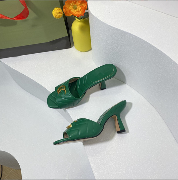 

Classic designer women beach Half slippers leather Thick heels Metal Slides cowhide summer woman shoes Lazy Sandals High heeled shoe size 35-40, White