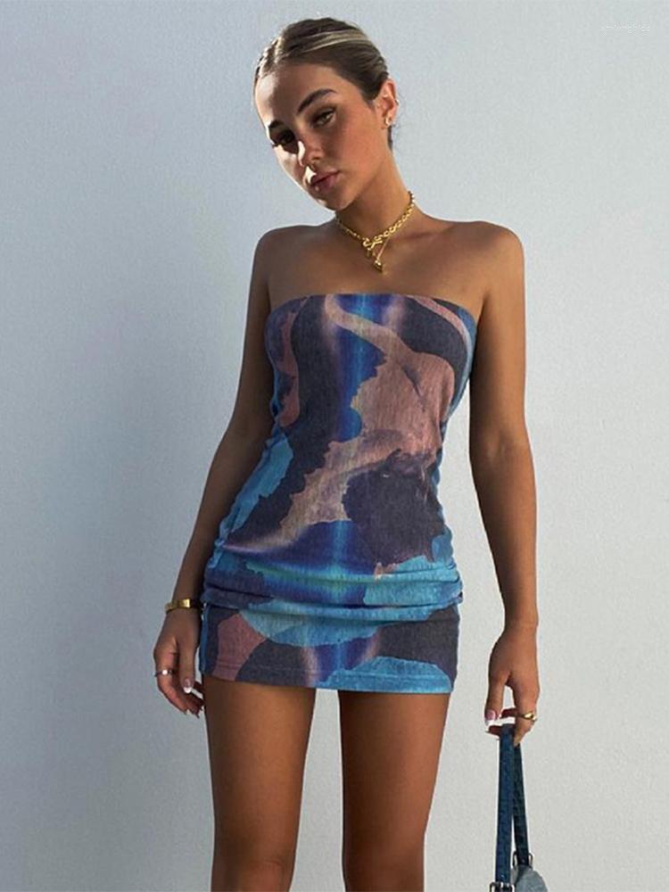 

Casual Dresses Tie Dye Print Women Tube Mini Dress Bodycon Sexy Streetwear Party Elegant Club 2023 Summer Festival Clothes Y2K, Multi