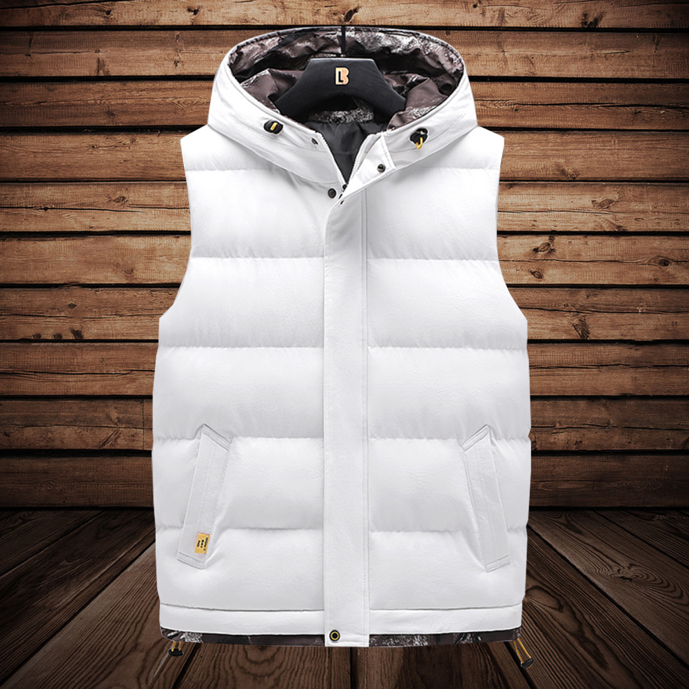 Men's Vests White Vest Jacket Autumn Winte Solid Color Hooded Waistcoat Cotton Padded Warm Coats Sleeveless Casual 230223