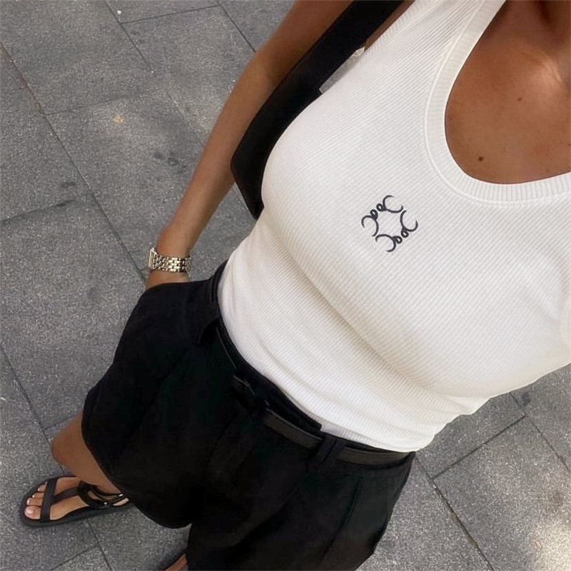 

Embroidery Knits Tanks Tees For Women Fashion Designer Sleeveless Vest Ladies Summer Knitting T Shirts Clothes, White