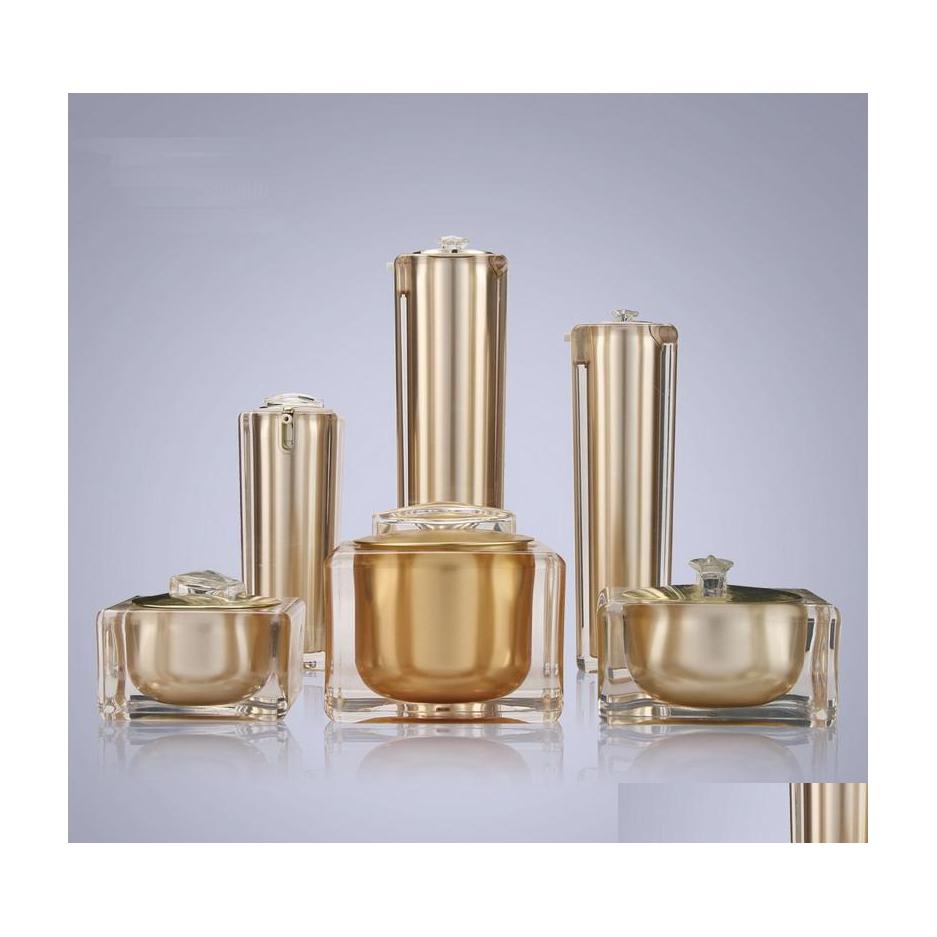

Perfume Bottle 15G 30G 50G 30Ml 50Ml 100Ml Empty Gold Square Shape Acrylic Lotion Cream Pump Cosmetic Container Luxury Bow Jar Drop Dhjvy