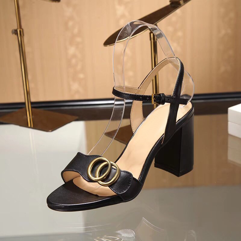 

Classic High heeled sandals designer SHoes fashion 100% leather women Dance shoe sexy heels Suede Lady Metal Belt buckle Thick Heel Woman shoes Large size 34-42