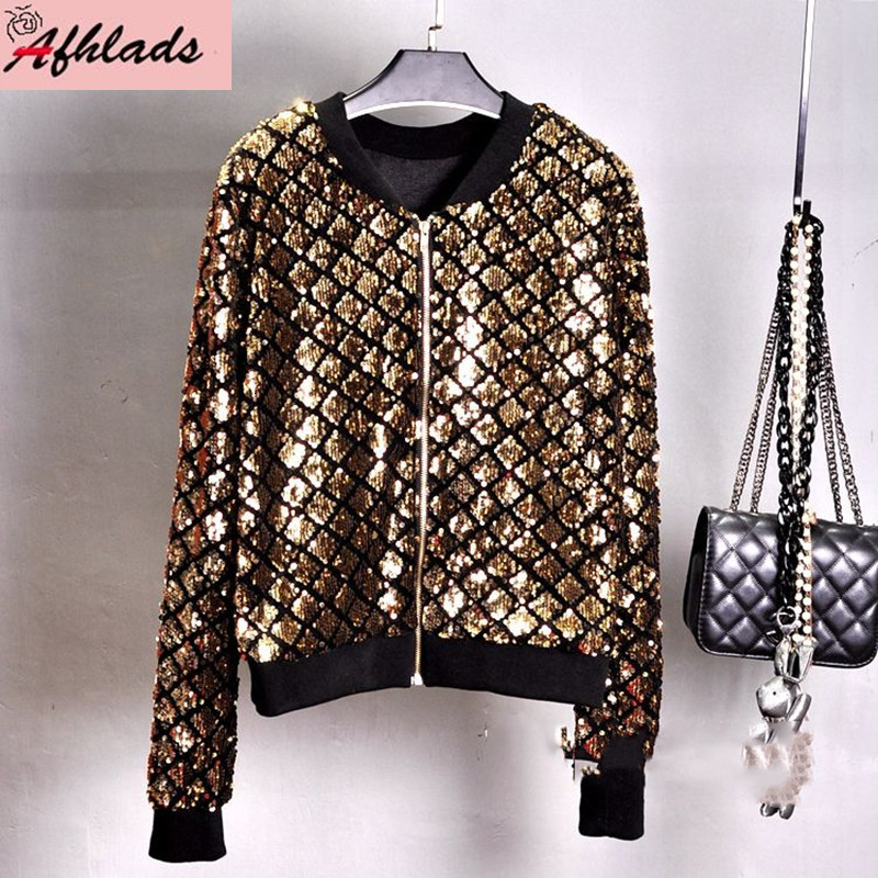 Womens Jackets Patchwork Round Neck Hip Hop Sequined Night Club Jacket Female Solid Color Spring And Autumn Outerwear Long Sleeved Coats 230223