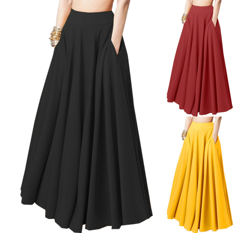 

2023 Spring New Women's Solid Color Maxi Dress Long Skirt Pleated Skirt Elastic Waist, Yellow