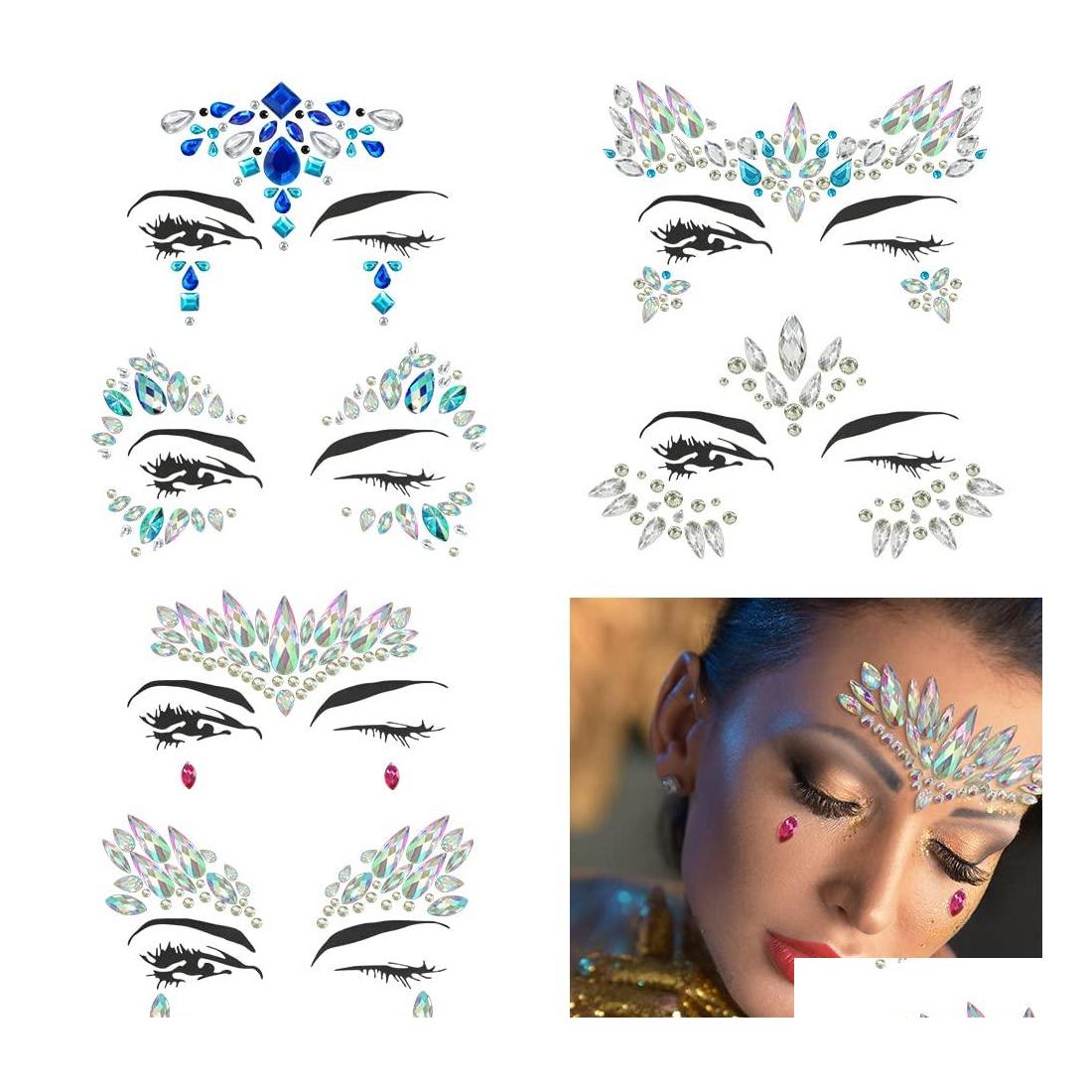 

Temporary Tattoos Halloween Face Jewels Festival Women Mermaid Gems Glitter 6 Sets Rhinestone Rave Crystals Stickers Eyes Body Amxzd Dh4Jr