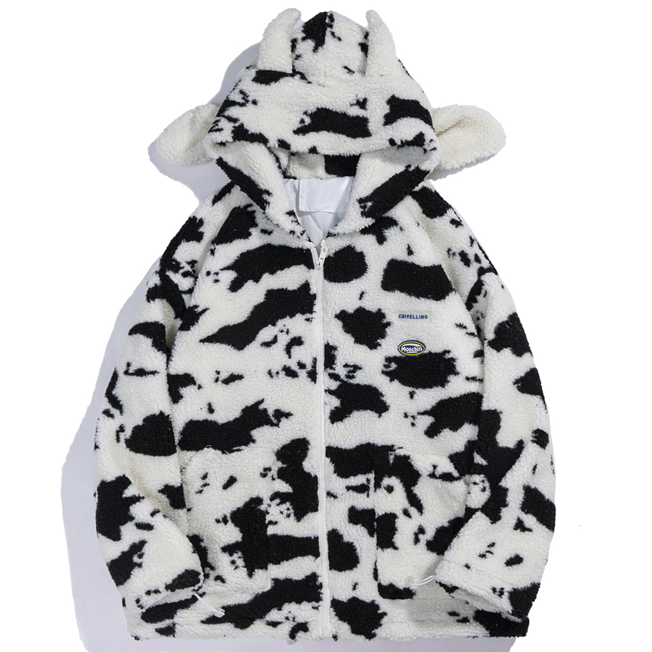 

Men  Jackets LACIBLE Winter Cow Pattern Zipper Hooded Jacket Men Women Casual Streetwear Padded Lambswool Coat Cotton Loose Thicken Outwear 230223, White5