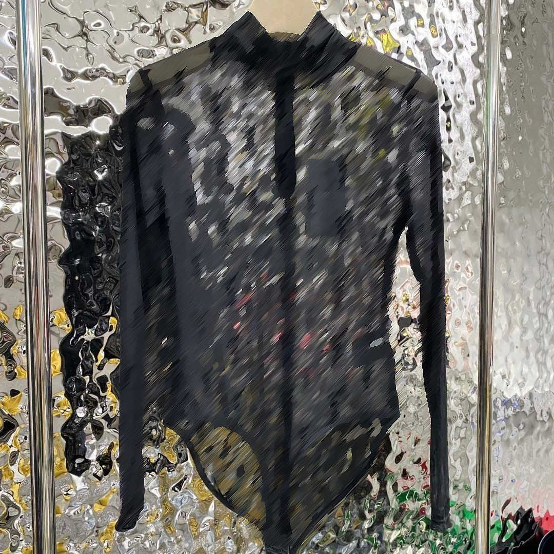 

23ss Designer brand Women onesie High quality women flocking letter long-sleeved one-piece bottom lace perspective womens clothing, Black