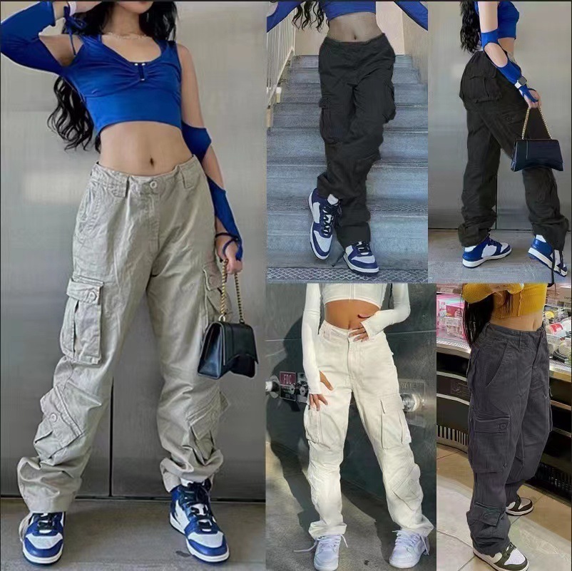 

Women  Jeans Cargo Pants High Street Vintage Hip Hop Old Baggy Casual Multi Pocket Straight Waisted Woman 230222, Champagne