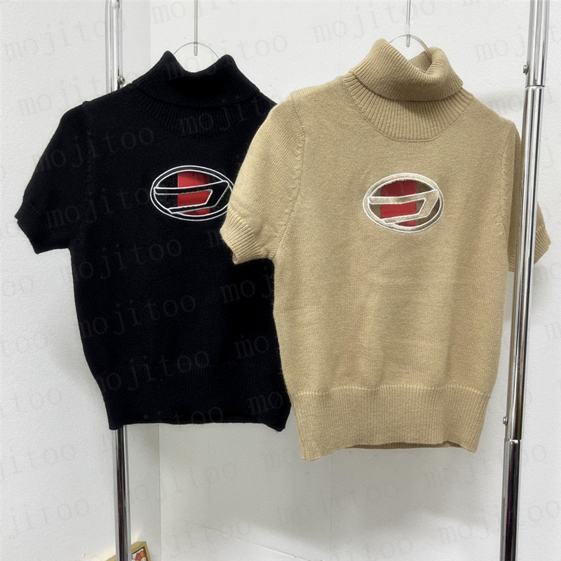 

Designer Letter Knits Tops T Shirts Womens High Neck Hollow Knitted Short Sleeve Tshirts Tees High Grade Women Clothes, Black