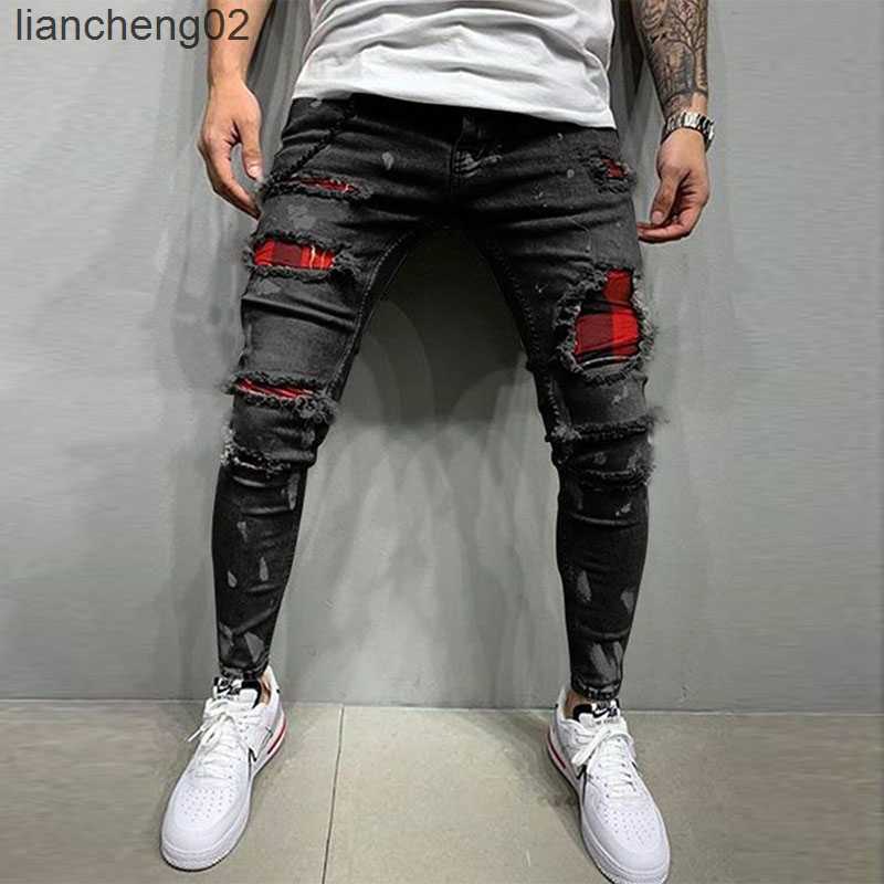 

Men's Jeans Men Painted Stretch Skinny Jeans Slim Fit Ripped Distressed Pleated Knee Patch Denim Pants Brand Casual Trousers For Masculina W0223, Aa1993 grey