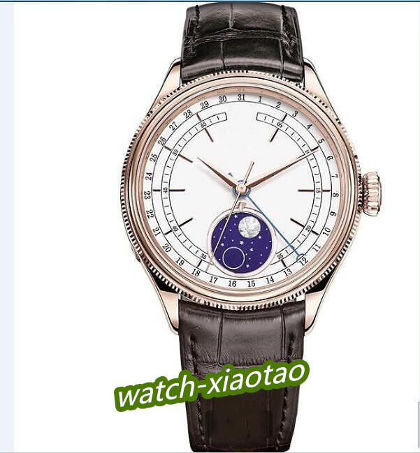 

Luxury Mens Watch Moonphase Rose Gold White Dial 39mm Automatic Mechanical Movement Sapphire Crystal Brown Leather Strap Factory Made, Make waterproof
