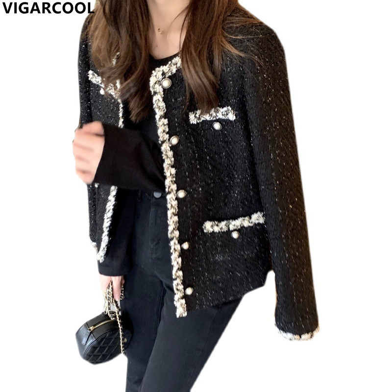 Womens Jackets French ladies style black Korean version short Top bright sparkling Fashion simple casual 230224