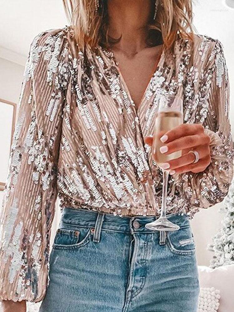 

Women' Blouses Sequins Women Spring Autumn Fashion Lantern Sleeve V Neck Shirts Elegant Vintage Office Lady Slim Tops Pullovers, Silver