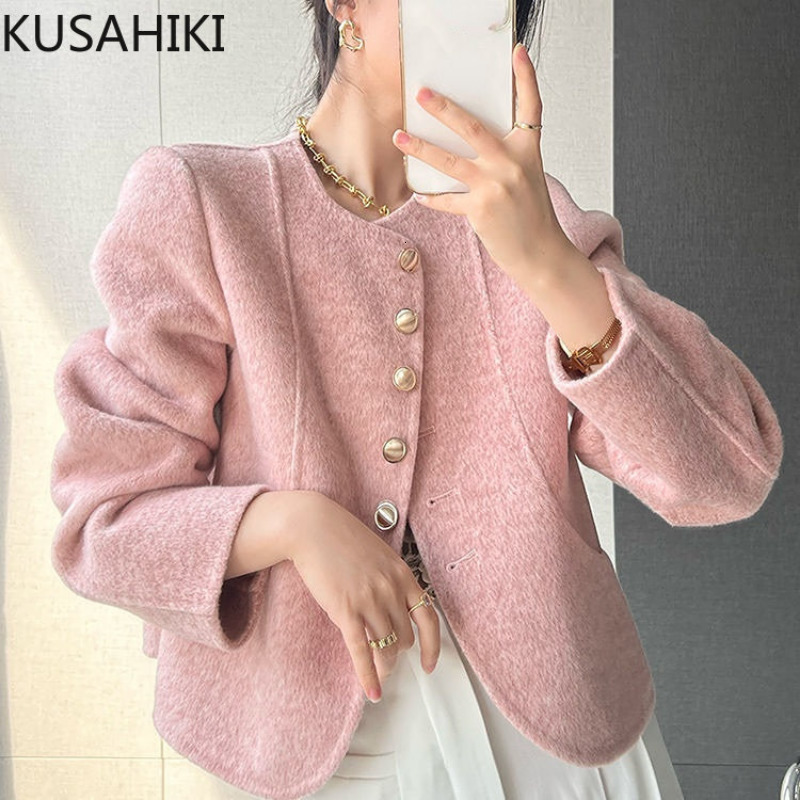 Womens Jackets LUSAHIKI Causal Solid Fashion Woolen Women Coat Korean Autumn Winter Elegant Jacket Chic Sweet Oneck Long Sleeve Outwear 230224