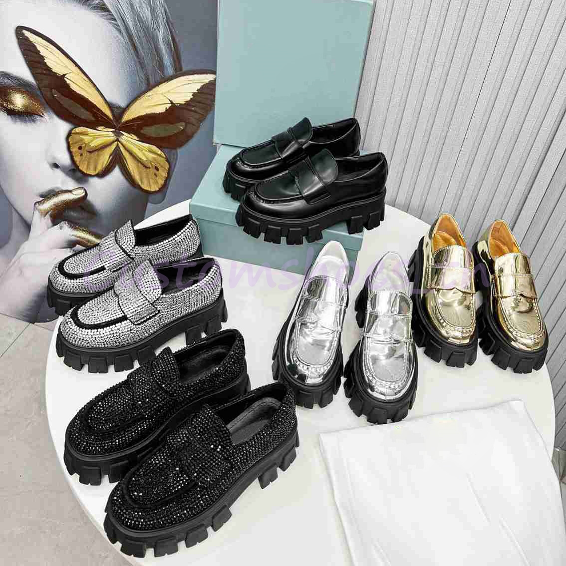 

Designer Monolith Loafers Casual Shoes Men Women Soft Cowhide Loafers Rubber Platform Sneakers Satin Crystals Shoes Chunky Fashion with Box 35-41