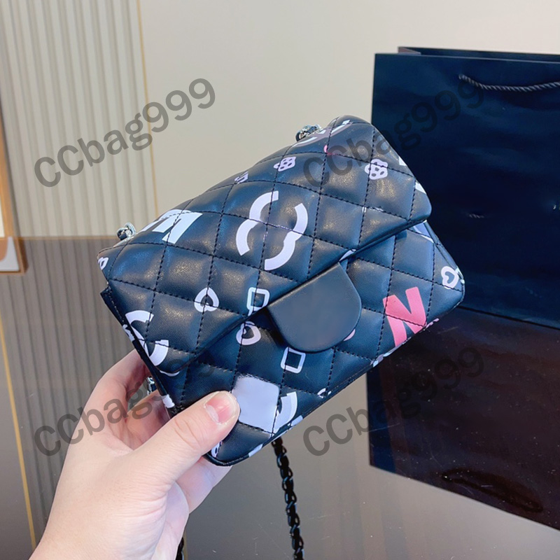 Black Genuine Leather Mini Square Flap Bags Colored Graffiti Printed Letters Designer Handbags Luxurys Purses Silver Hardware Crossbody Bag Classic