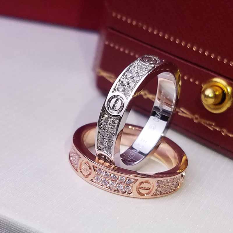 

Luxury Ring Steel Alloy Silver Rose Gold Fashion Jewelry Designer Couple Wedding Promise Rings Gift Size 6-9