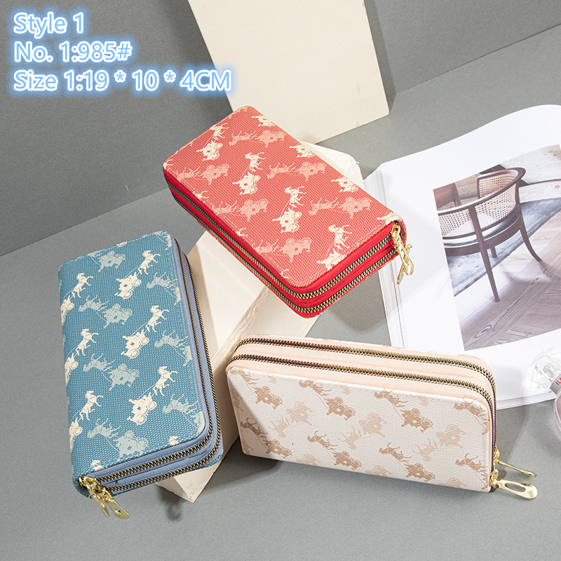 

Factory wholesale ladies shoulder bag 3 styles small fresh cartoon print long wallet street leather mobile phone coin purse elegant retro letters women wallets, Grey-986#-style 2-stamp