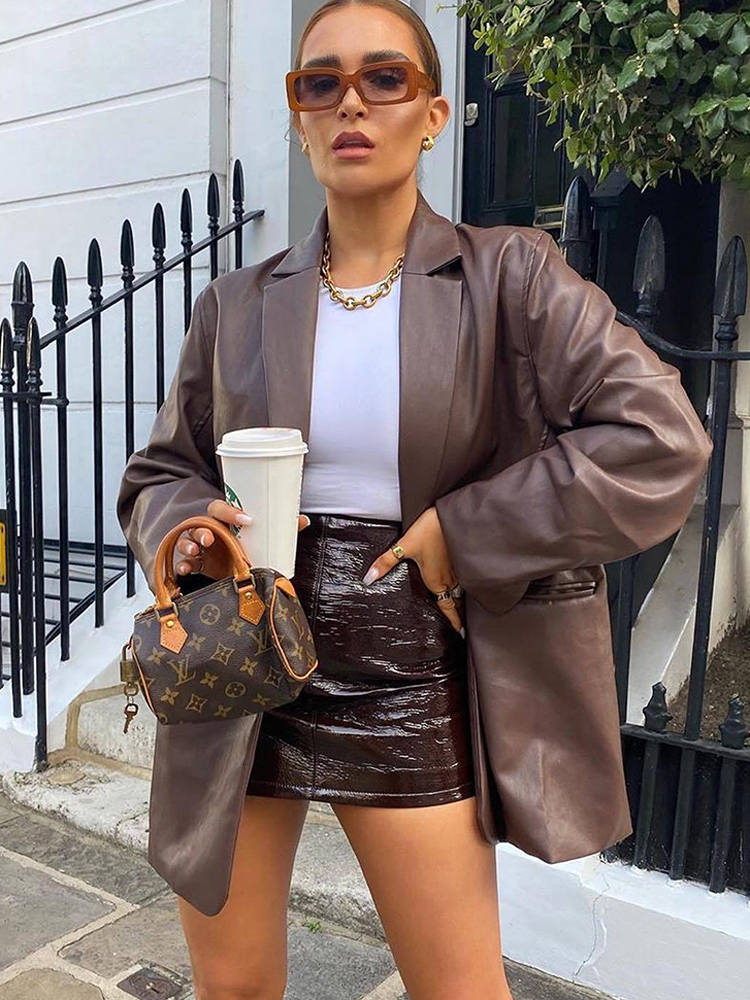 Womens Jackets Taruxy Black PU Leather Blazer Jacket Y2K Motorcycle Women Autumn Winter High Street Casual Cardigans Warm Suit Coats 230224