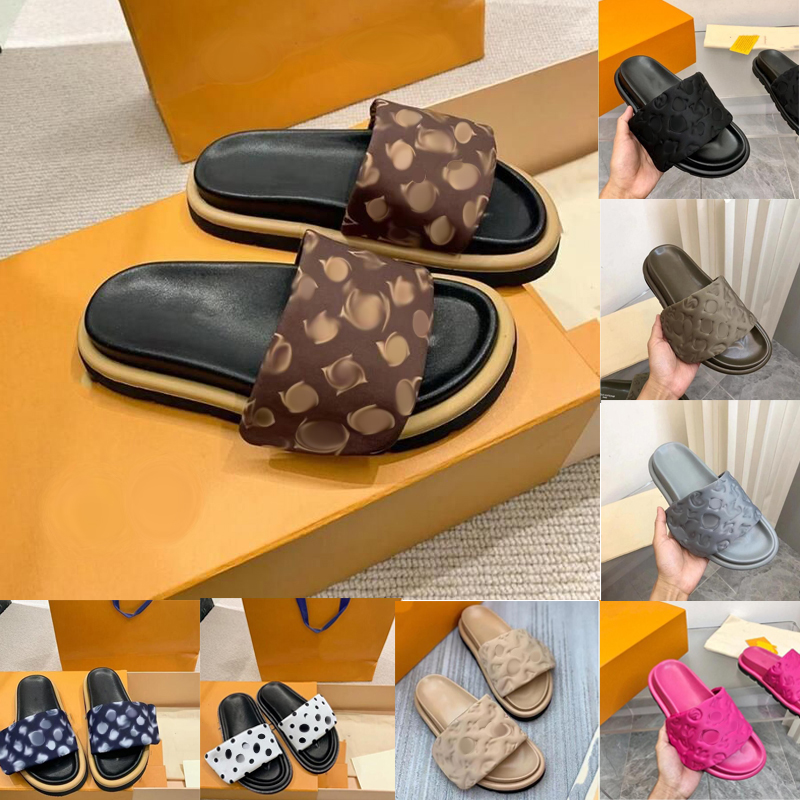 

2023 Designer Women Slippers POOL PILLOW Mules Rubber Bottom Width Slides Hook Loop Fastener Genuine Leather Luxury Slide printed Fashion mens Slide Black, Color #04
