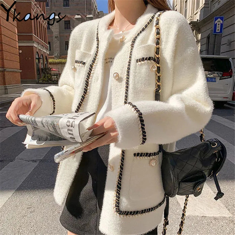 Womens Jackets White Mink Cashmere Sweater Coat Women Autumn Winter Lazy Style Female Korean Retro Black Loose O Neck Knitted Cardigan Fashion 23022