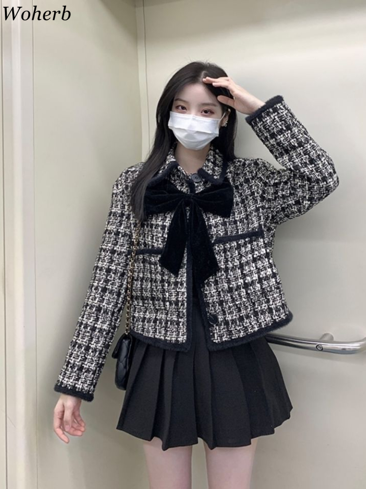 Womens Jackets Woherb Spring Autumn Vintage Tweed Coat Women Elegant Temperament Chic Cropped LongSleeved Ropa Para Mujer 230224