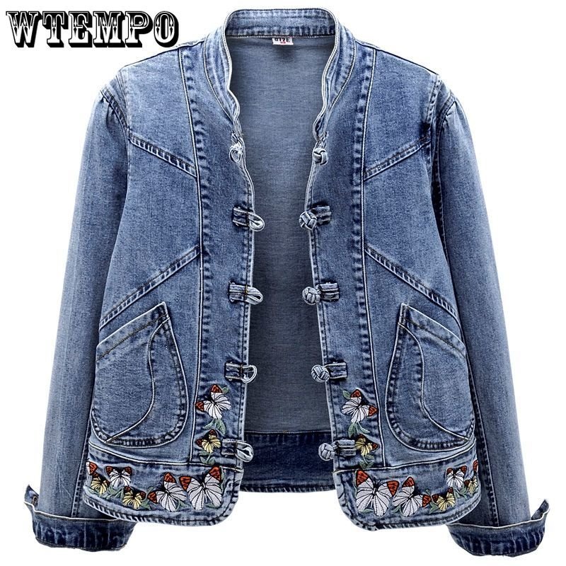 Womens Jackets Short Denim Vintage Chinoiserie Embroidered Stretch Spring and Autumn All Match Fashion Harajuku Slim Tops 230224