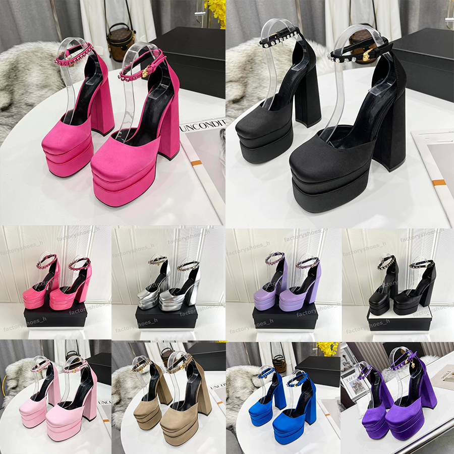 

Designer Sandals AEVITAS Sandal Women Chunky High Heels Crystal Embellished Ankle Strap Satin Platform Pumps Ladies Party Wedding Dress Shoes