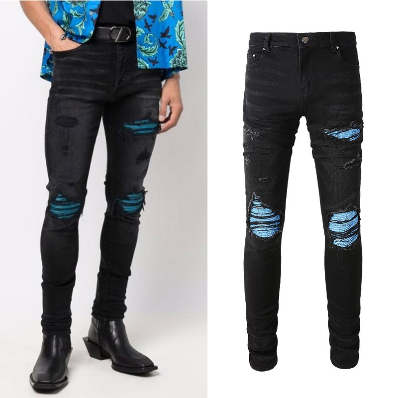 

Black Slim Fit Motocycle Denim Jeans Mens Distressed Detail, Amr-8807