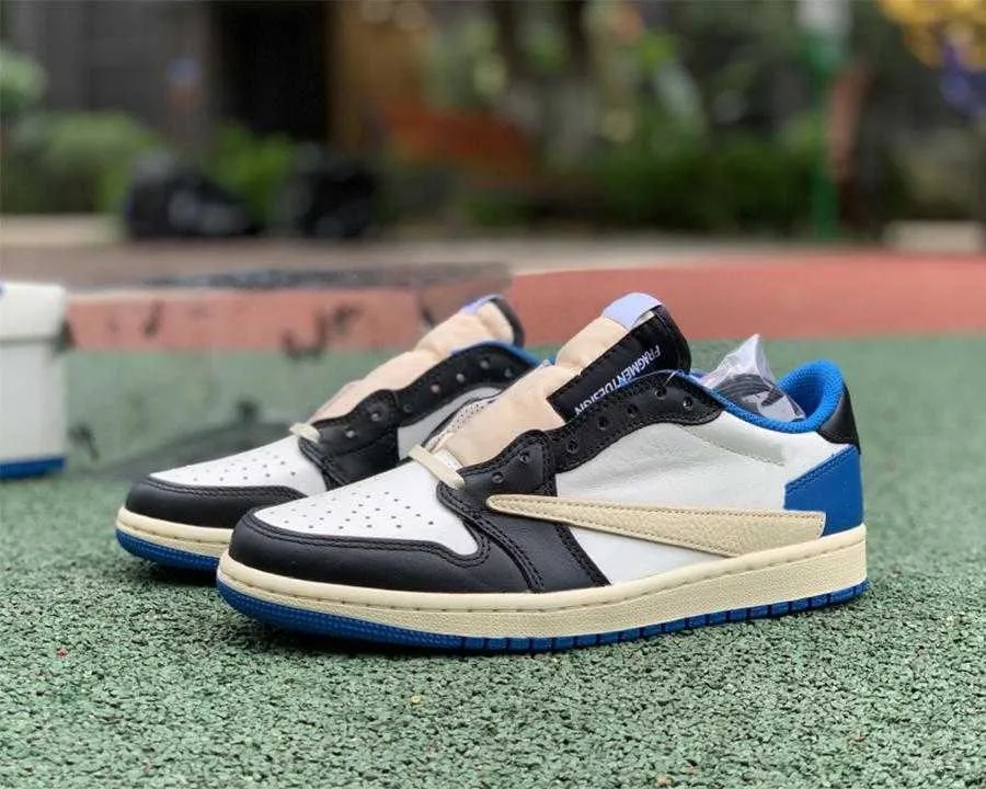 Basketball Shoes Jumpman 1 Low TS Fragment Hip Hop Designer Black White Blue Soft Leather Outdoor Sneaker Sports With Original Box
