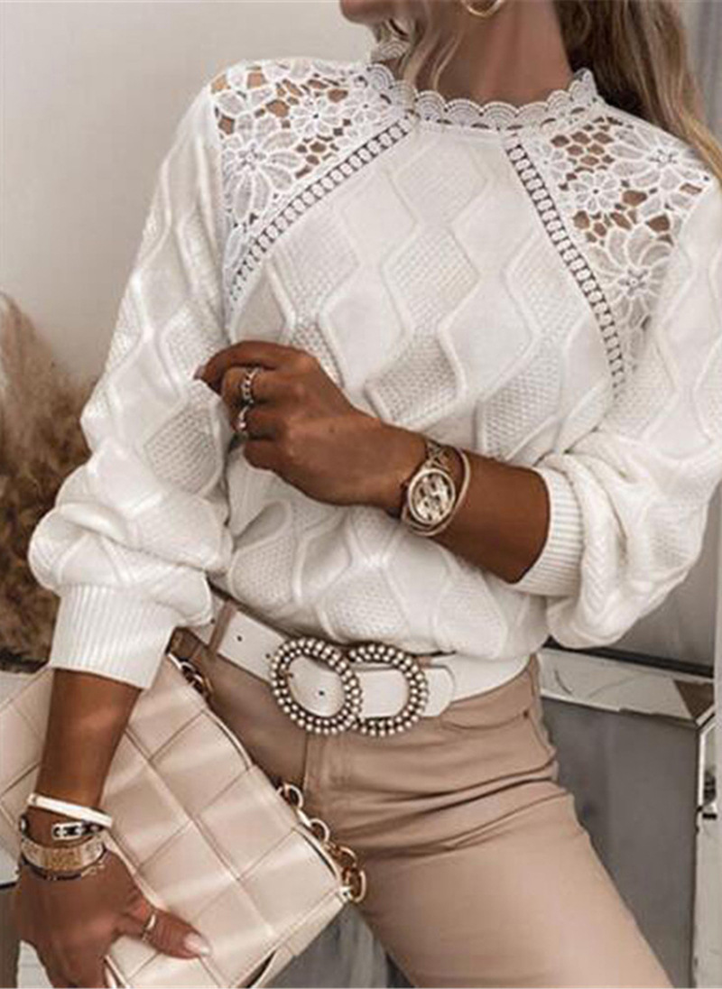 

Women' Sweaters Knitted Women O Neck Long Sleeve Solid Color Sweater Pearls Elegant Office Lady Female Pull 2021 Spring Autumn, White