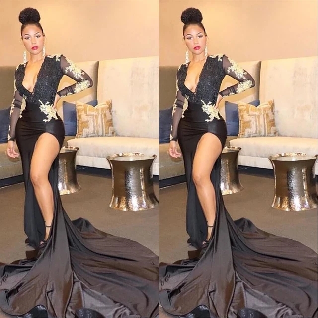 

Sexy Black Mermaid Prom Dresses With Gold Appliques 2023 New Sheer Long Sleeve Deep V Neck Split Evening Gowns For Teens Formal Party Vestidos, Orange