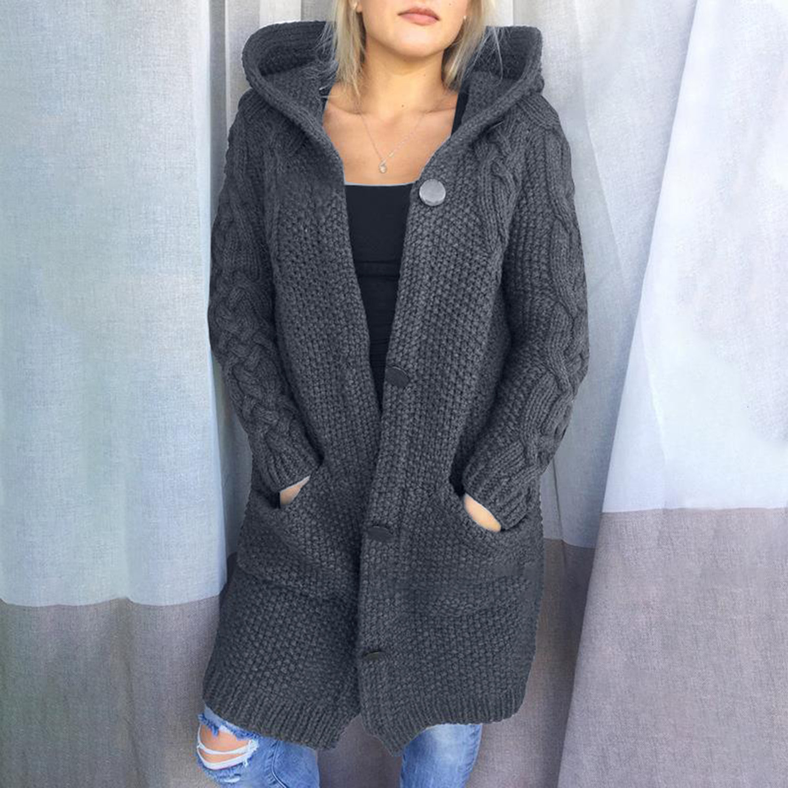 Women's Knits Tees Winter Fashion Long Sweater Women Cardigan Solid Color Knitted Hooded Sweaters Korean Style Thick Open Front Long Overcoat 2
